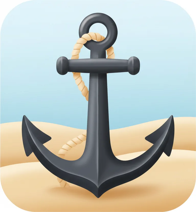배를 고정하는 쇠 닻(anchor) 한 개를 화면 중앙에 크게 그림 — 명사 '닻'의 전형적 형태.