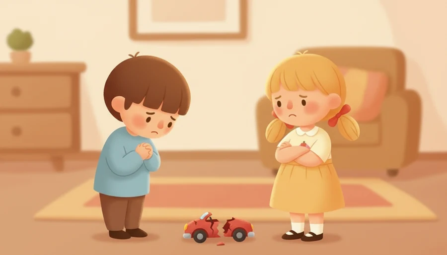 상자 탑을 무너뜨리고 친구 눈을 보며 미안하다 말하는 장면