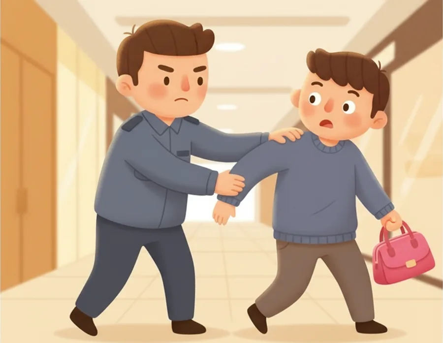 가게에서 돈 안 내고 나간 사람을 경비원이 문 앞에서 붙잡음