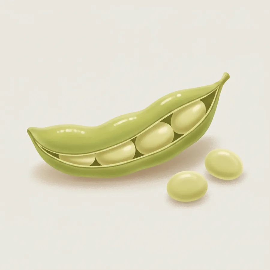 'bean=콩' — 통통한 초록 콩깍지 하나가 살짝 벌어져 안에 동글동글한 콩알 몇 개가 보이고, 곁에 콩알 몇 알이 놓인 모습(중앙·크게)