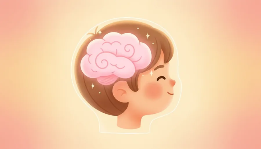 웃는 사람 옆모습 머리 안에 구름처럼 뭉실한 연분홍 뇌 모양이 은은히 빛나고 주위로 작은 반짝이(생각)가 도는 장면 — 장기 노출 없이 '머릿속 생각 기관'으로 표현