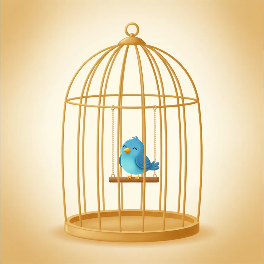 돔형 금속 새장 안에 작은 새 한 마리가 앉아 있는 전형적 새장 (cage=새장/우리)