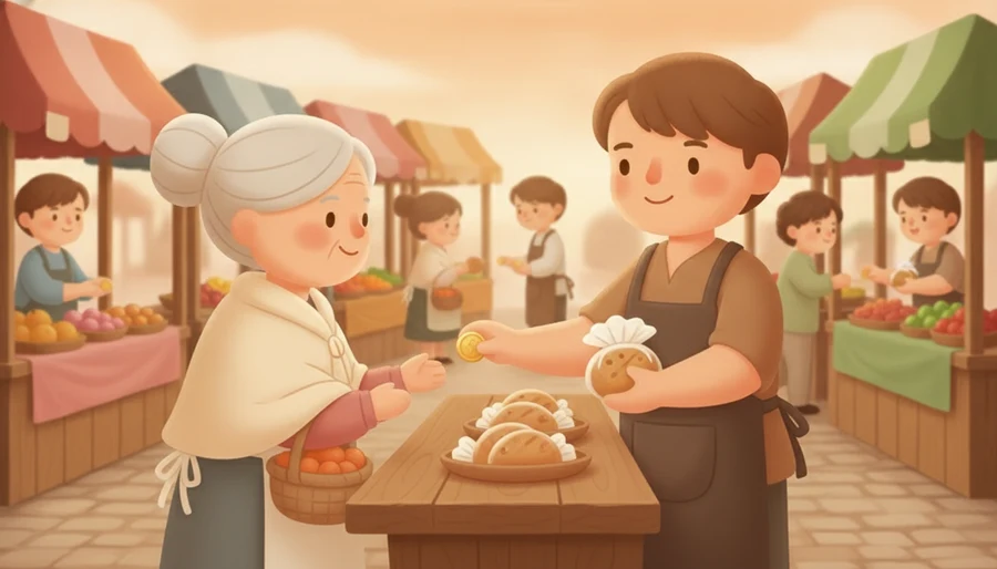 온 동네 가게마다 사고파는 소리가 왁자지껄한 장면