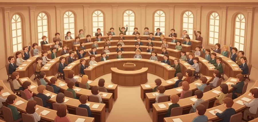 여러 동네 대표들이 큰 방에 모여 앉은 장면