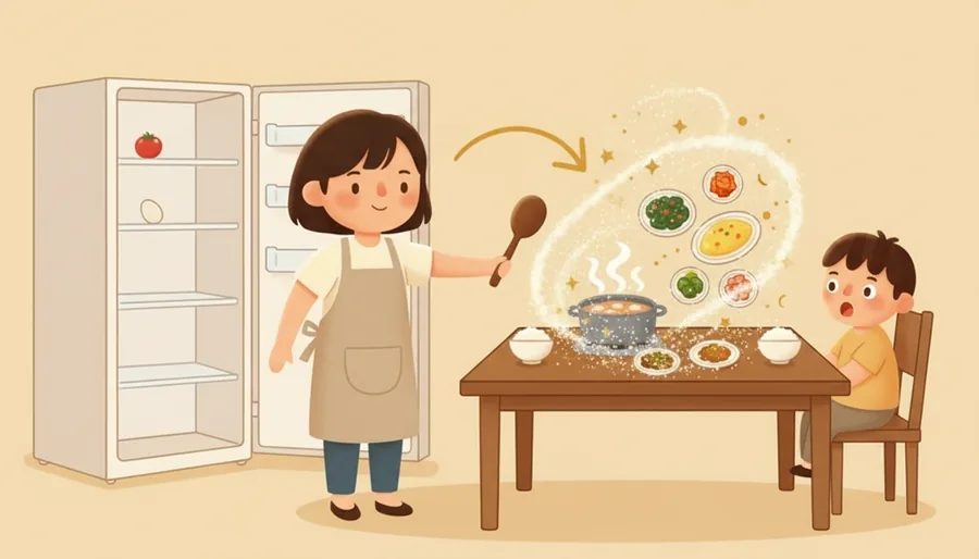 거의 빈 냉장고로 룸메이트가 저녁을 차려 냄