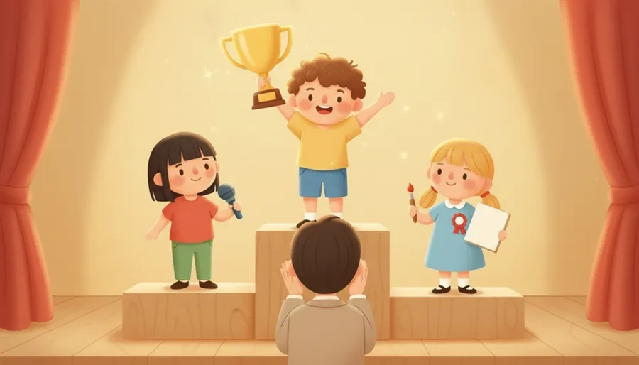 그림 대회에서 1등을 뽑아 상 주는 장면