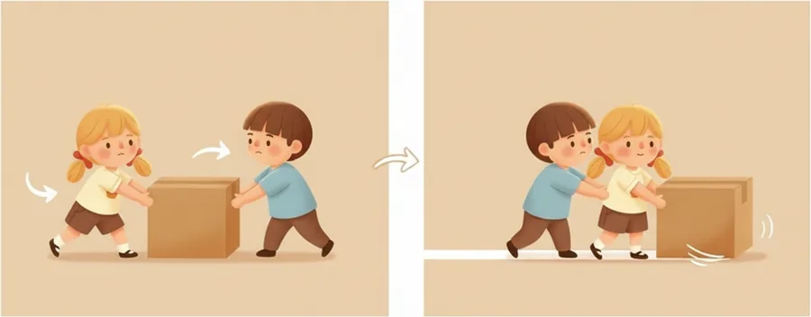 소파를 문밖으로 빼려고 둘이 미는 쪽을 맞추는 장면
