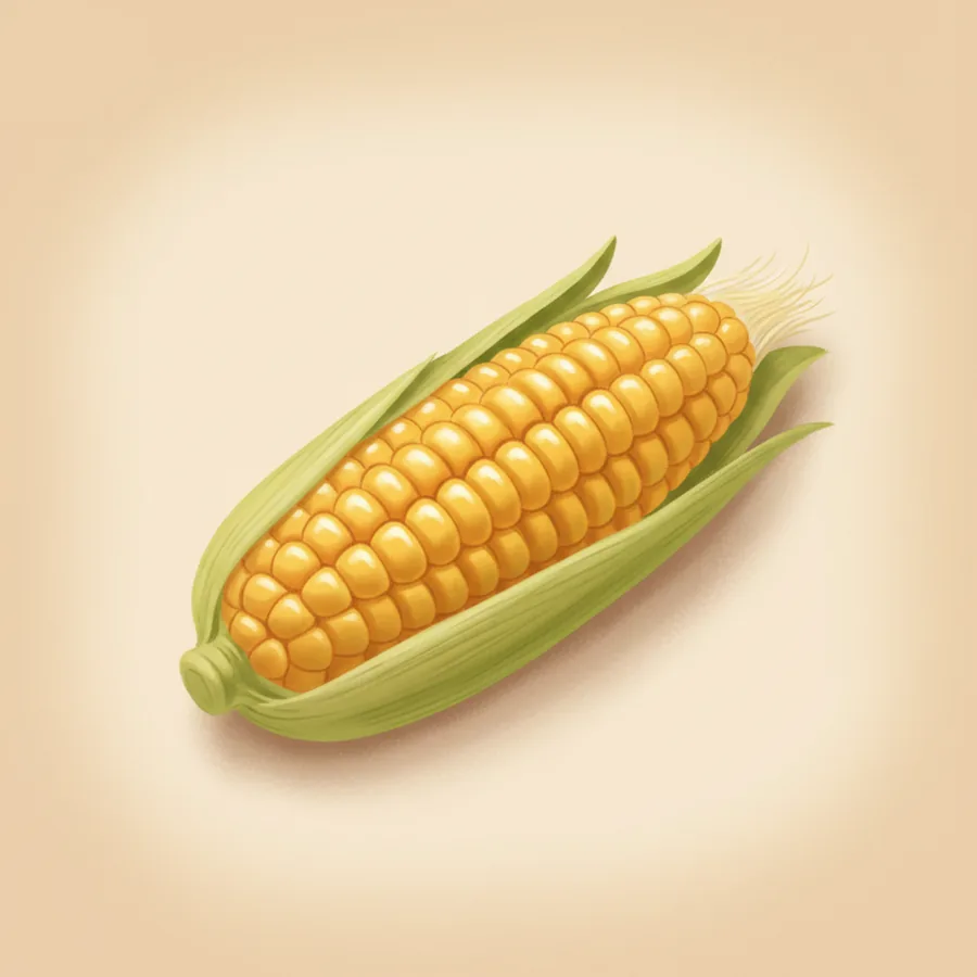 노란 알갱이가 촘촘한 옥수수 한 자루(초록 껍질 살짝 벗겨진 통옥수수)를 화면 중앙에 크게 그린다