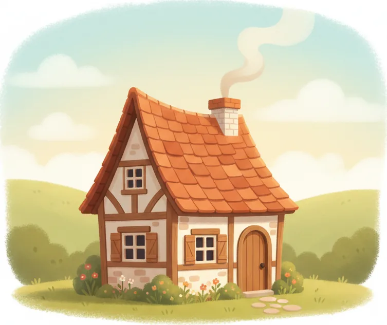 그림엔 시골의 아담한 작은 집 한 채(cottage) — 초가/기와풍 뾰족지붕·굴뚝·작은 창문·나무문, 앞에 작은 정원. 건물 전체가 중앙에 크게, 잘림 없이.