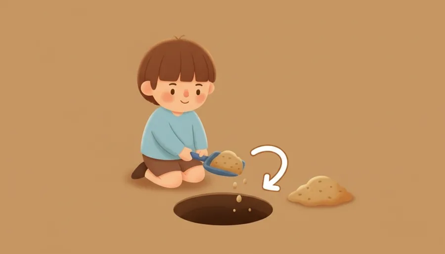 삽으로 흙을 떠서 옆으로 던져 구멍이 생기는 장면
