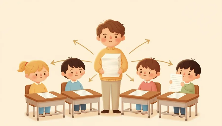 교수님이 줄 사이를 걸으며 종이를 한 장씩 놓는 장면