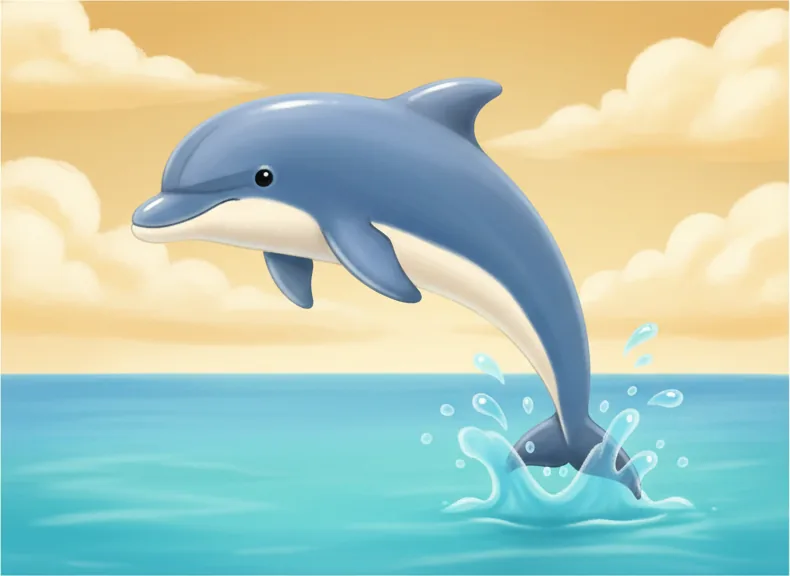 맑은 바닷물 속에서 물 위로 점프하며 활처럼 몸을 휜 회색 돌고래 한 마리(명사 dolphin=돌고래 실물)