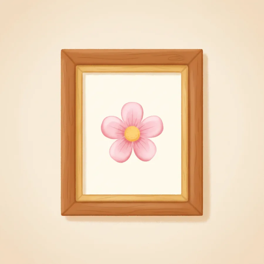 벽에 걸린 전형적인 사진 액자(frame) — 나무/금색 테두리 안에 단순한 꽃 그림 한 장. 액자 자체(테두리)가 주인공.