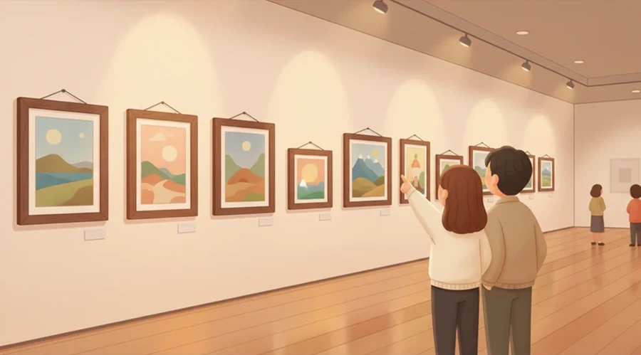 벽에 그림이 쭉 걸린 방, 사람들이 천천히 걸으며 구경.