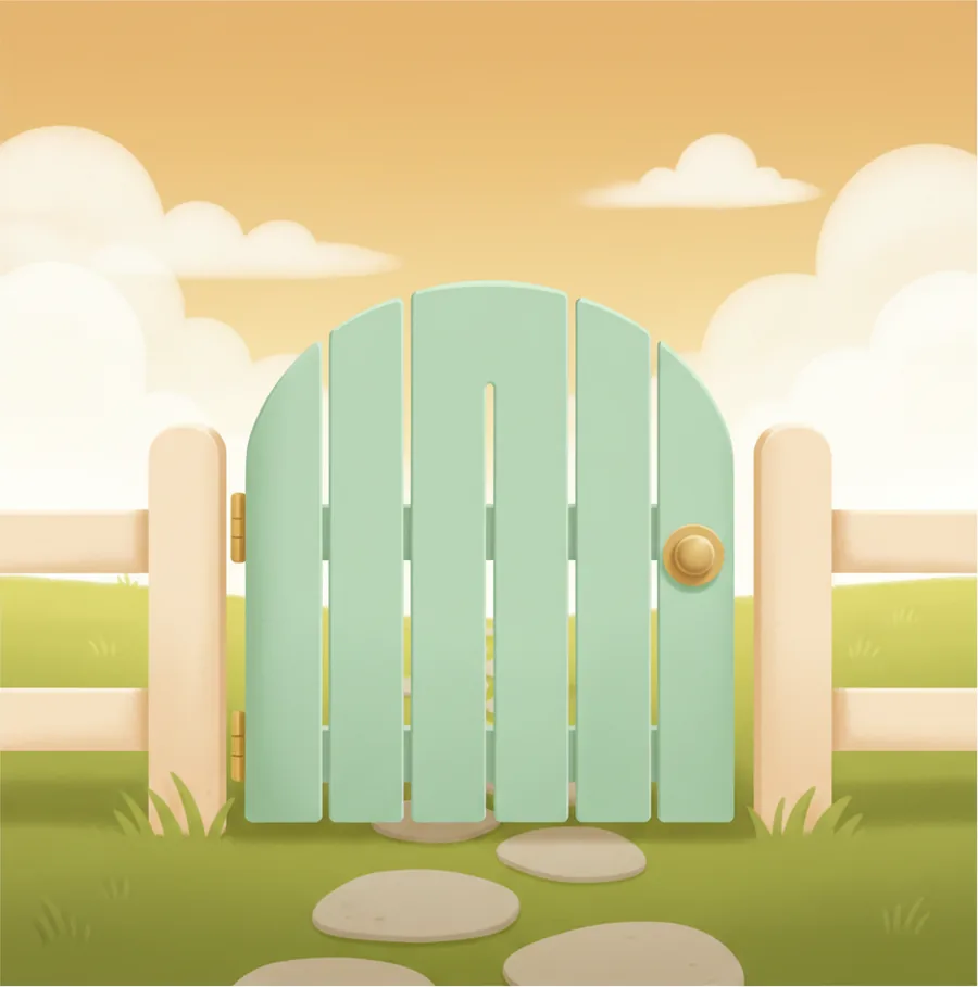 정원·마당으로 들어가는 문(gate) — 낮은 울타리 사이에 달린 나무 대문 한 짝을 정면에서, 살짝 열린 모습