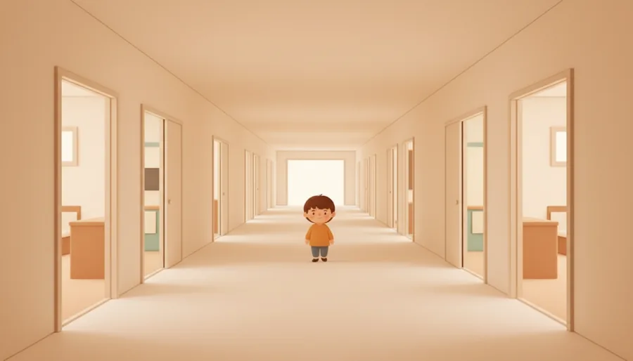 강의실 문들 사이로 뻗은 건물 안쪽 길