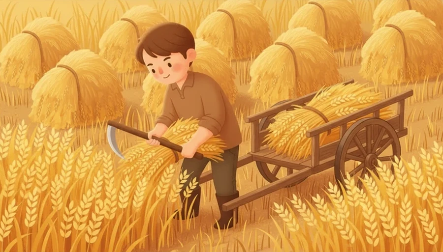 가을 논밭에서 농부가 다 익은 곡식·열매를 거둬들이는 장면