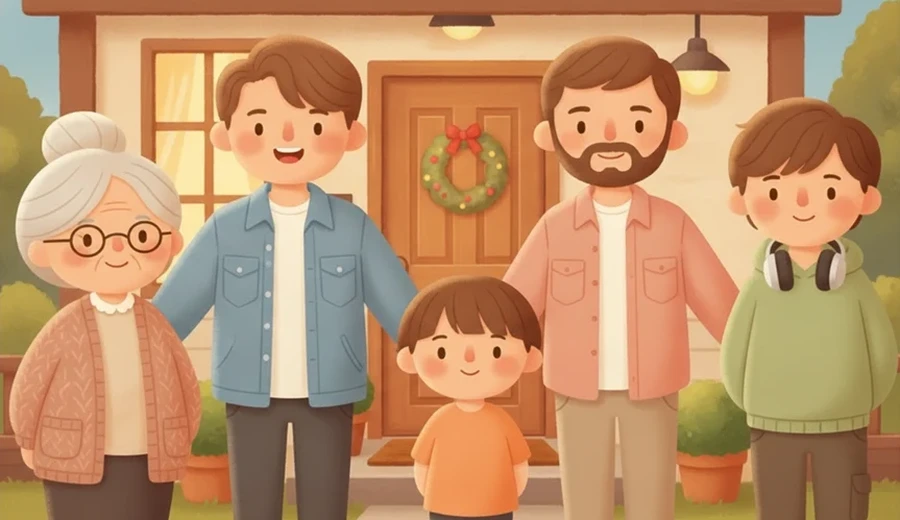 저녁에 한 집 안 사람들이 다 모여 있는 한 장면.