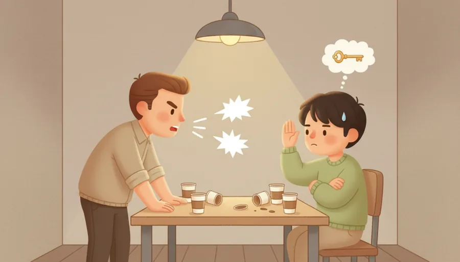 경찰이 방에 한 사람을 앉혀 놓고 몇 시간째 묻는 장면