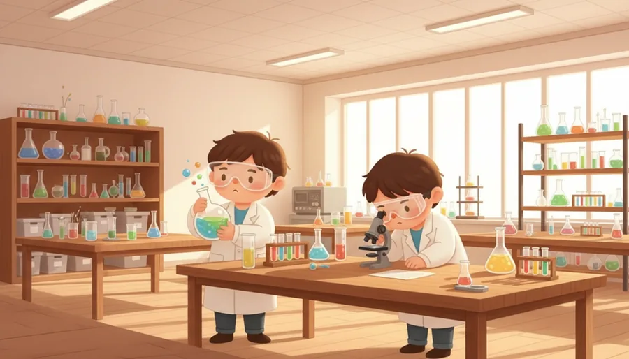 흰 가운 입은 사람들이 유리병 속 물을 섞고 색이 바뀌는 과학 실험실 장면