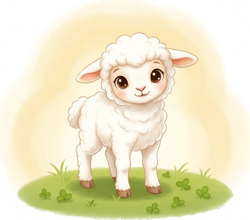 새끼 양(lamb) 한 마리가 봄 들판에 서 있는 모습 — 폭신한 흰 털의 어린 양