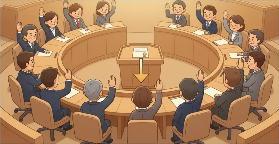 동호회가 회의로 모임 규칙을 바꾸는 장면(비유)