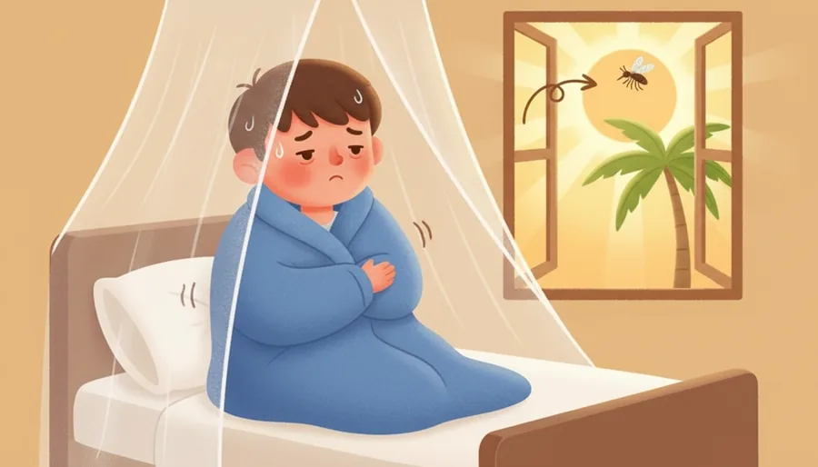여름밤에 모기에 물린 뒤 며칠 있다가 열이 나고 몸이 떨리는 장면