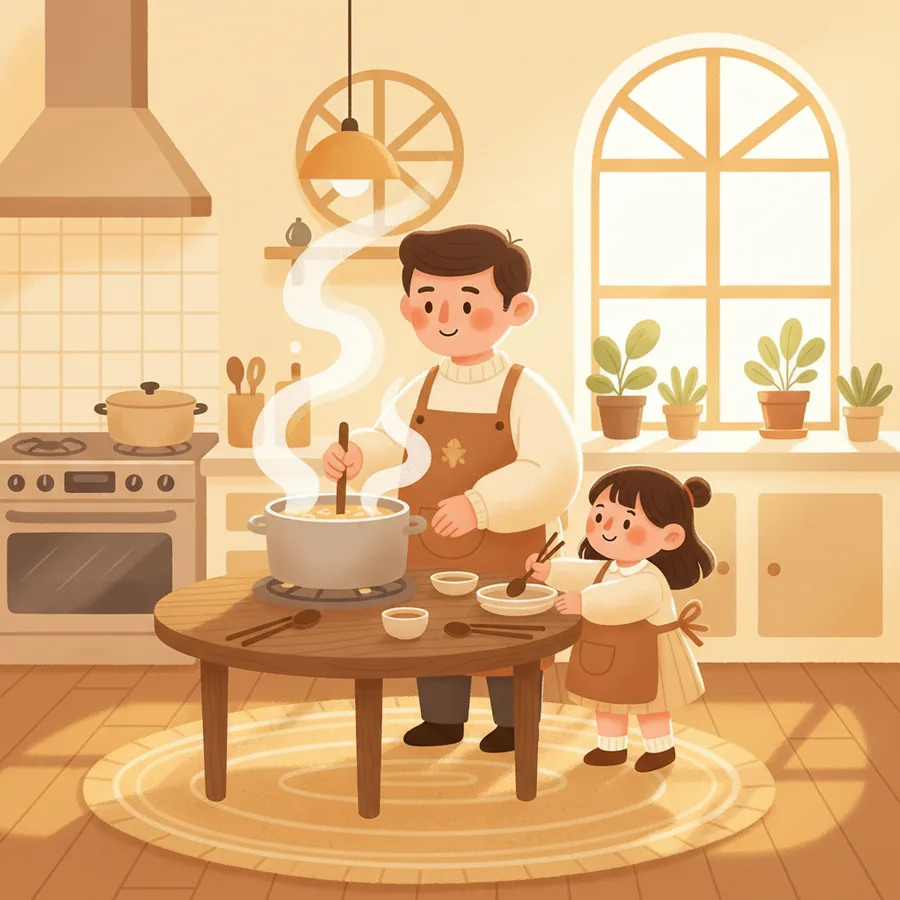 라면 3분 기다리는 동안 젓가락과 김치를 꺼내는 부엌