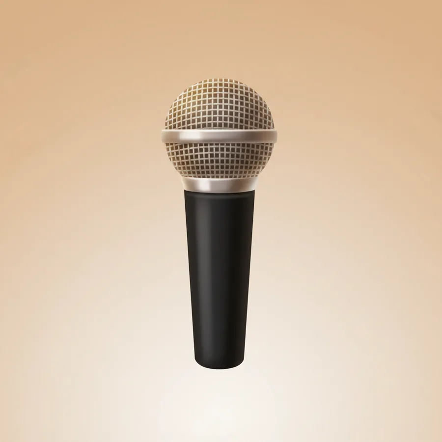 화면 정중앙에 무선 손잡이 마이크 한 개를 크게 — 은색 둥근 그물망 헤드와 검은 손잡이가 전신으로 다 보이게 (노래·말할 때 쓰는 그 마이크의 가장 전형적인 모습)