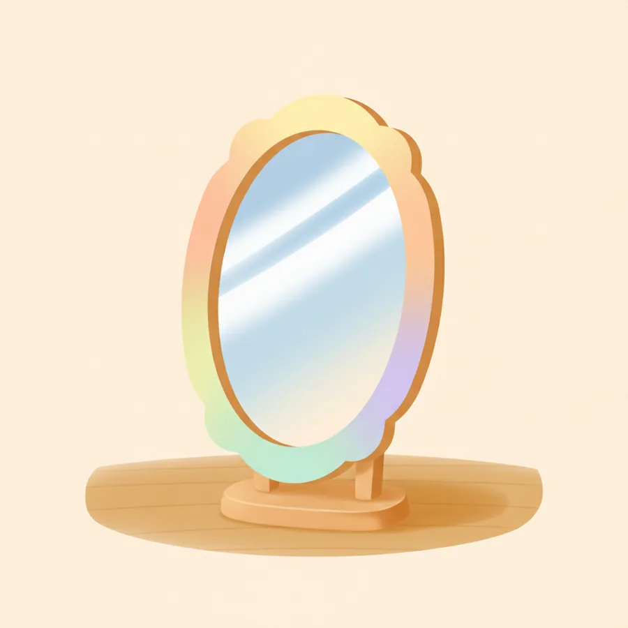 받침대에 세워진 타원형 거울 한 개 — 반짝이는 은빛 반사면과 예쁜 테두리(사물 mirror)