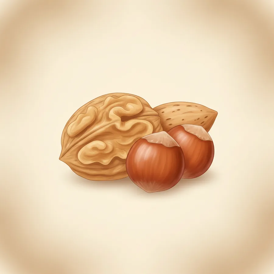 화면 중앙에 껍데기째 있는 견과류 한 무더기(호두·아몬드·헤이즐넛)를 크게