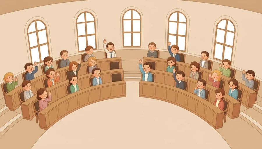 많은 사람이 한 방에 모여 찬반으로 나라 규칙을 정하는 장면.