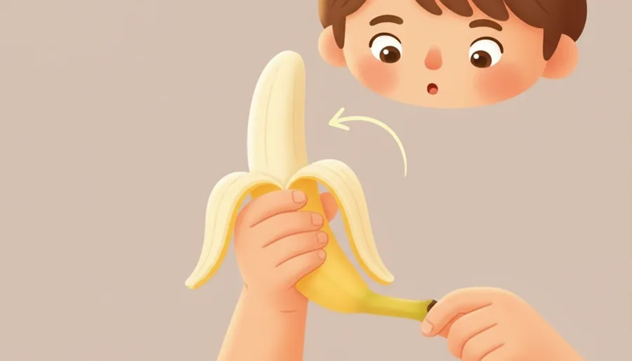 바나나 위쪽을 잡고 아래로 쭉 내려 벗기는 장면