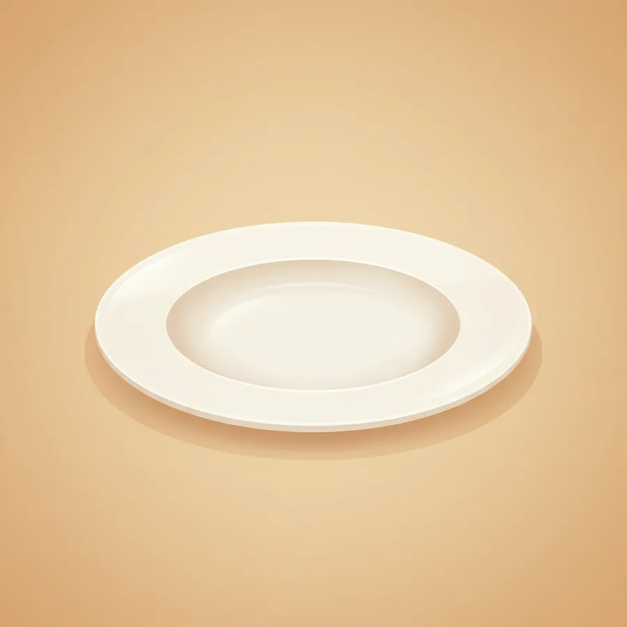 빈 흰색 둥근 접시 하나를 정면 위에서 살짝 내려다본 각도로 화면 중앙에 크게