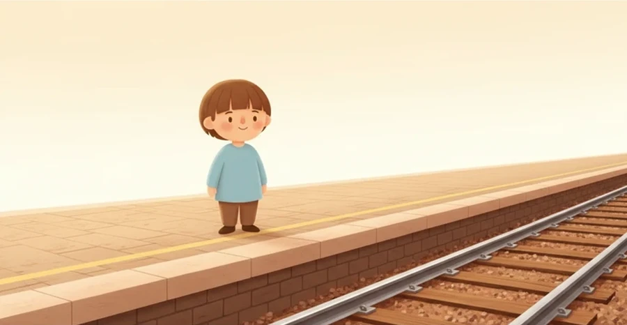 기차역, 둘레보다 한 단 높은 평평한 바닥 위에 올라서서 기차를 기다림.