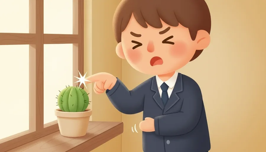 장미 줄기를 잡다가 가시에 손끝이 따끔한 장면