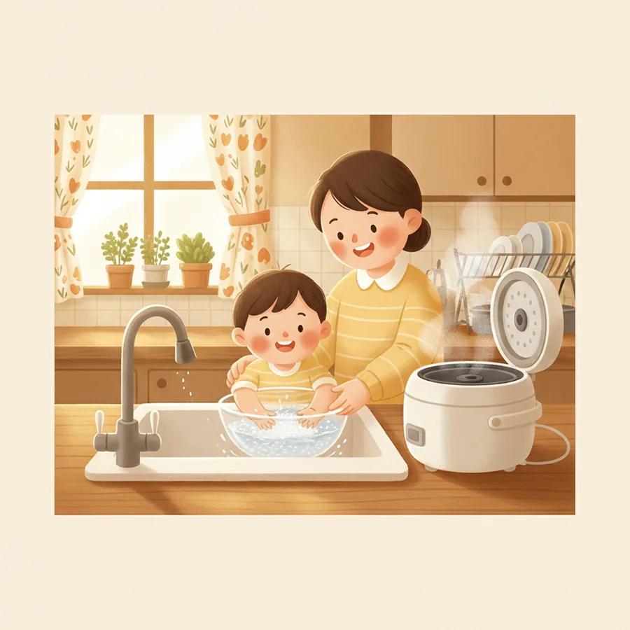 쌀을 씻고 끓이고 뜸 들여 밥이 되기까지