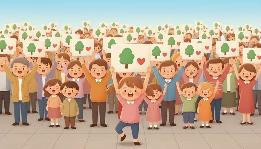 광장에 많은 사람이 모여 다 같이 외치는 장면