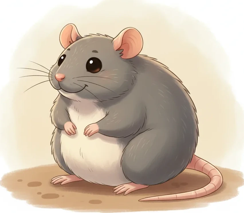 통통한 회색 생쥐(쥐) 한 마리가 화면 중앙에 전신으로 앉아 있는 모습