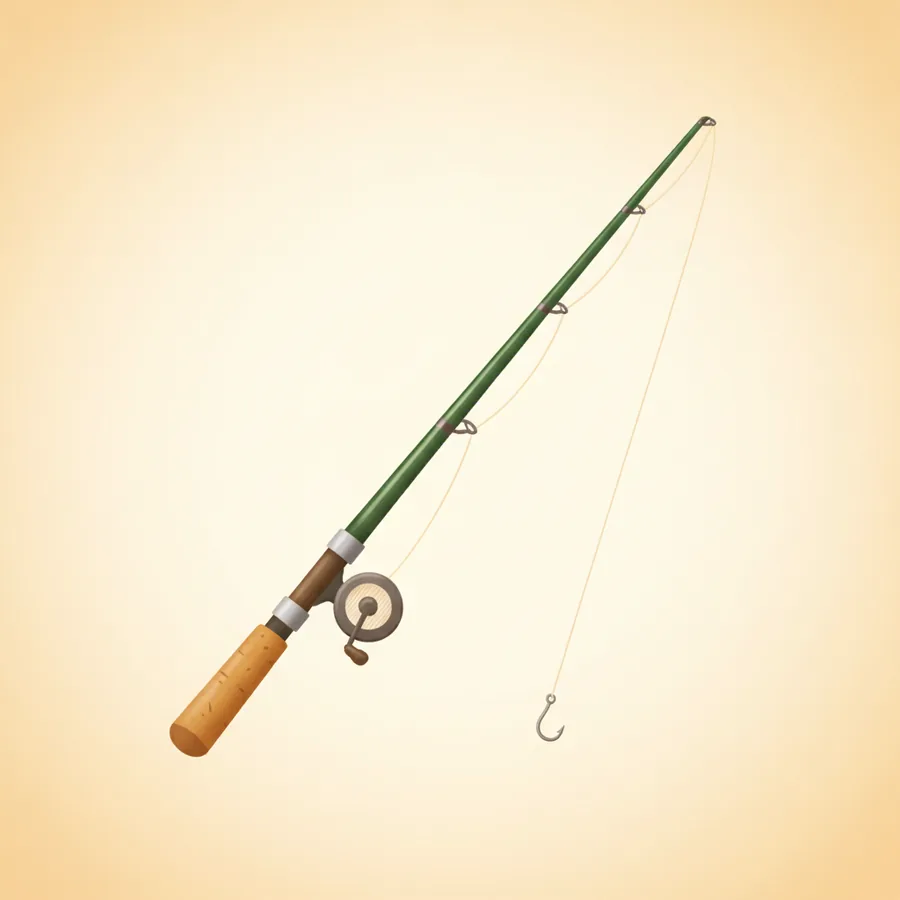 낚싯대(fishing rod) 한 대 — 손잡이·릴·낚싯줄·끝의 작은 낚싯바늘까지 전체가 다 보이게, 화면 중앙에 크게
