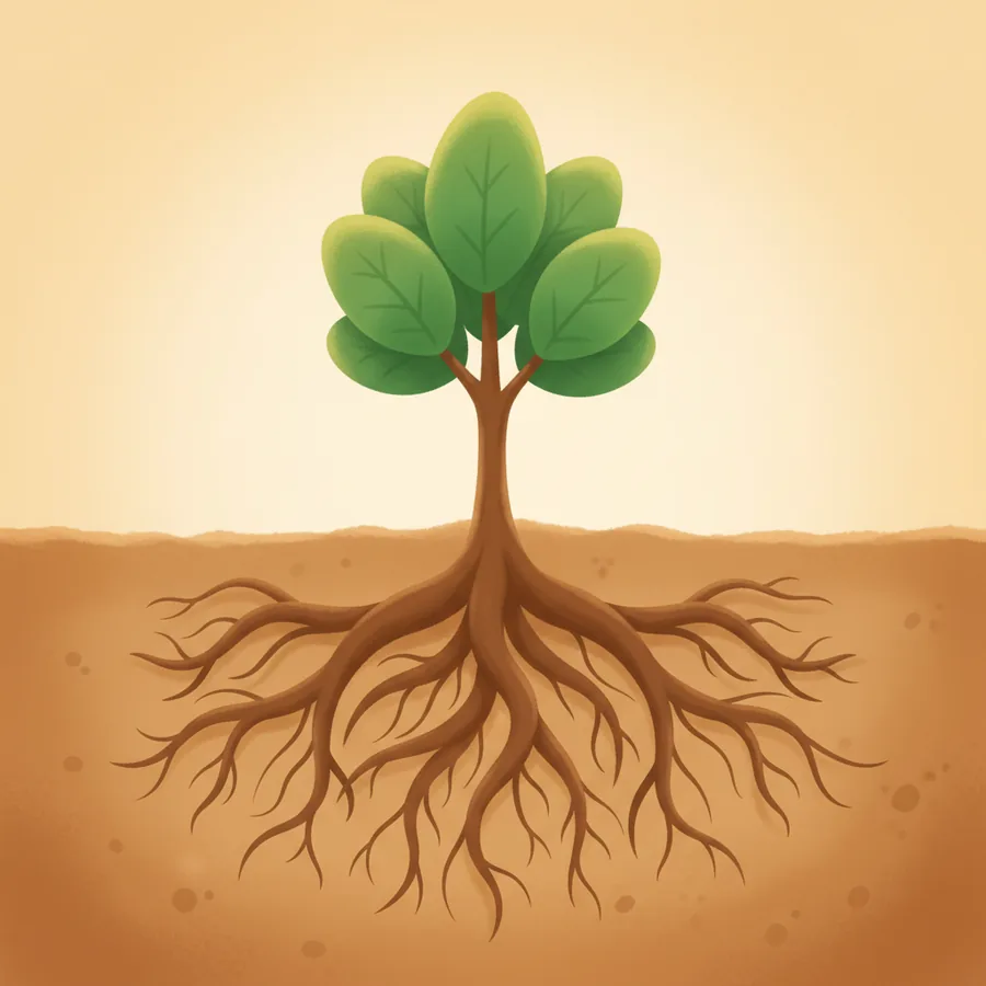 흙 단면 아래로 뻗은 나무(식물)의 뿌리를 그림 — root=식물의 뿌리 의미