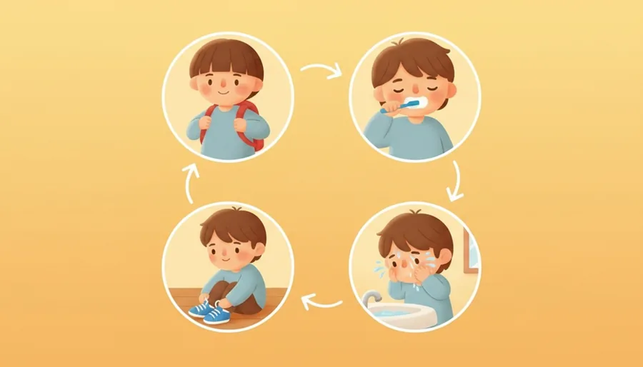 아침에 일어나 세수-밥-가방 챙기기를 매일 같은 순서로 하는 장면
