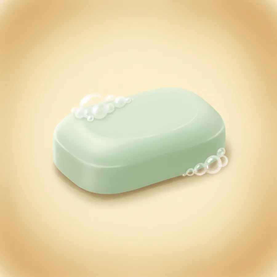 비누 그 자체 — 통통한 파스텔 사각 비누 한 덩이(soap=비누, 사물 의미), 표면에 보들보들한 거품 몇 방울