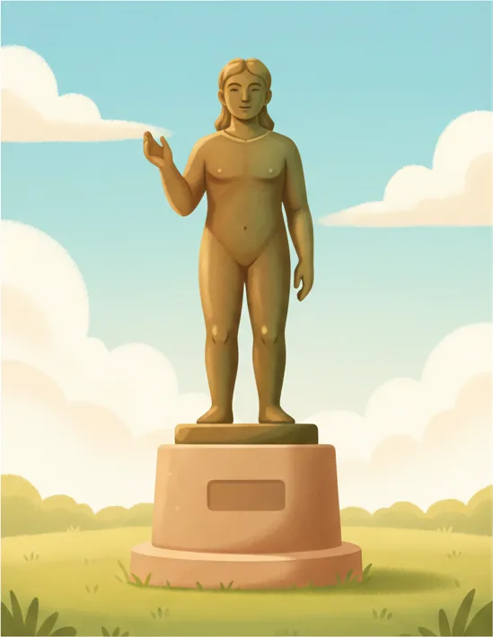 받침대 위에 서 있는 청동 인물 조각상(동상) 한 점