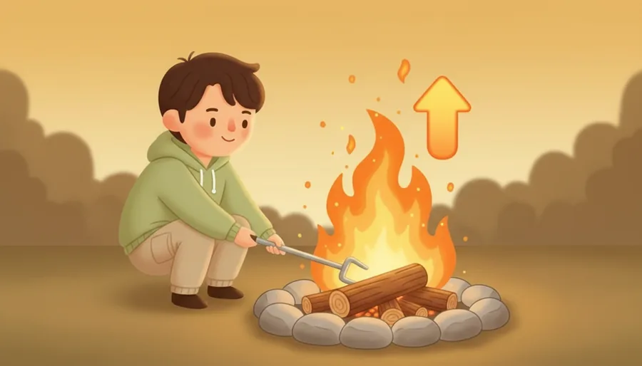 캠핑 밤 약해지는 모닥불에 장작을 넣고 뒤적임