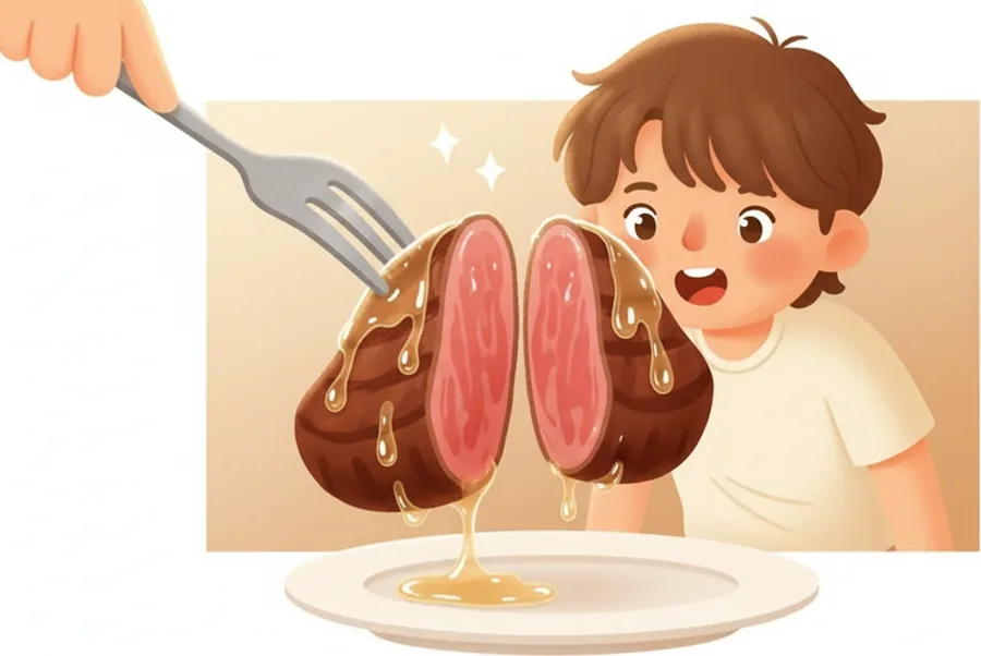 고기를 베어 물자 육즙이 나오는 장면