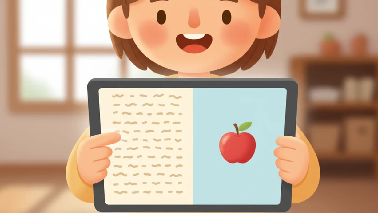 책 한 장 — 강아지 그림 옆 까만 글자 줄, 그게 text. 책이든 폰 화면이든 적힌 글이면 다 text.