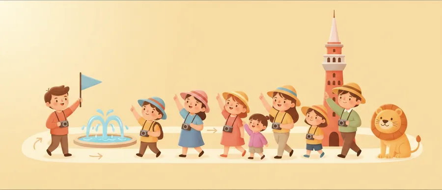 박물관에서 안내인 따라 이 방 저 방 옮겨 다니며 둘러보는 장면