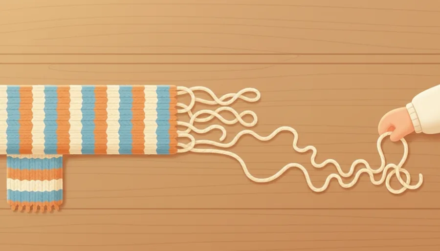 스웨터 소매 끝 실을 당기자 짠 부분이 줄줄 풀리는 장면