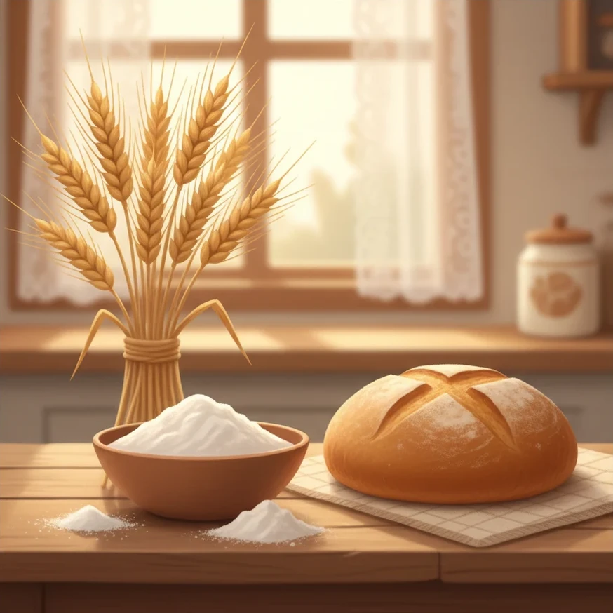 밭의 누런 이삭 → 털어서 빻으면 하얀 가루 → 빵·국수